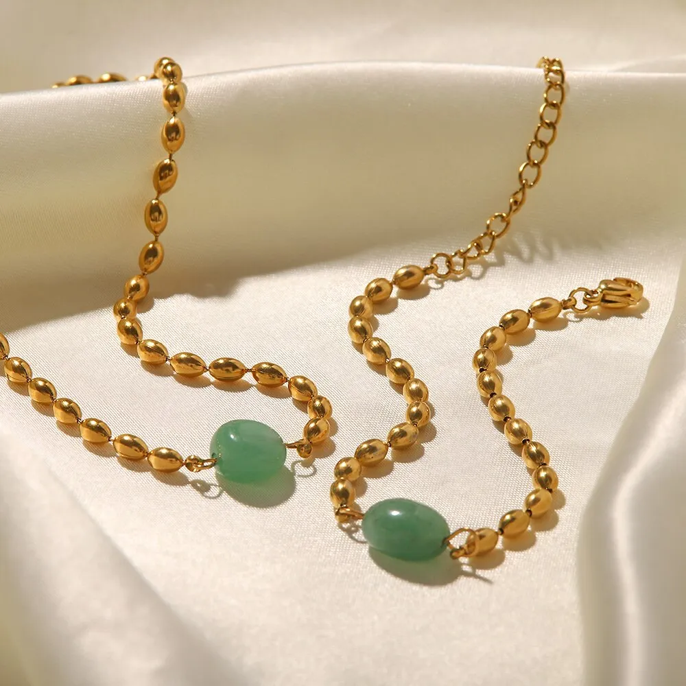 Vintage Stainless Steel 18K Gold Plated Jewelry Set Green Natural Stone Oval Golden Bead Bracelet Necklace