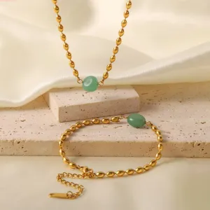 Vintage Stainless Steel 18K Gold Plated Jewelry Set Green Natural Stone Oval Golden Bead Bracelet Necklace