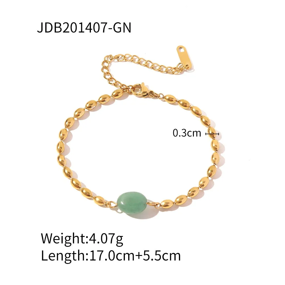 Vintage Stainless Steel 18K Gold Plated Jewelry Set Green Natural Stone Oval Golden Bead Bracelet Necklace