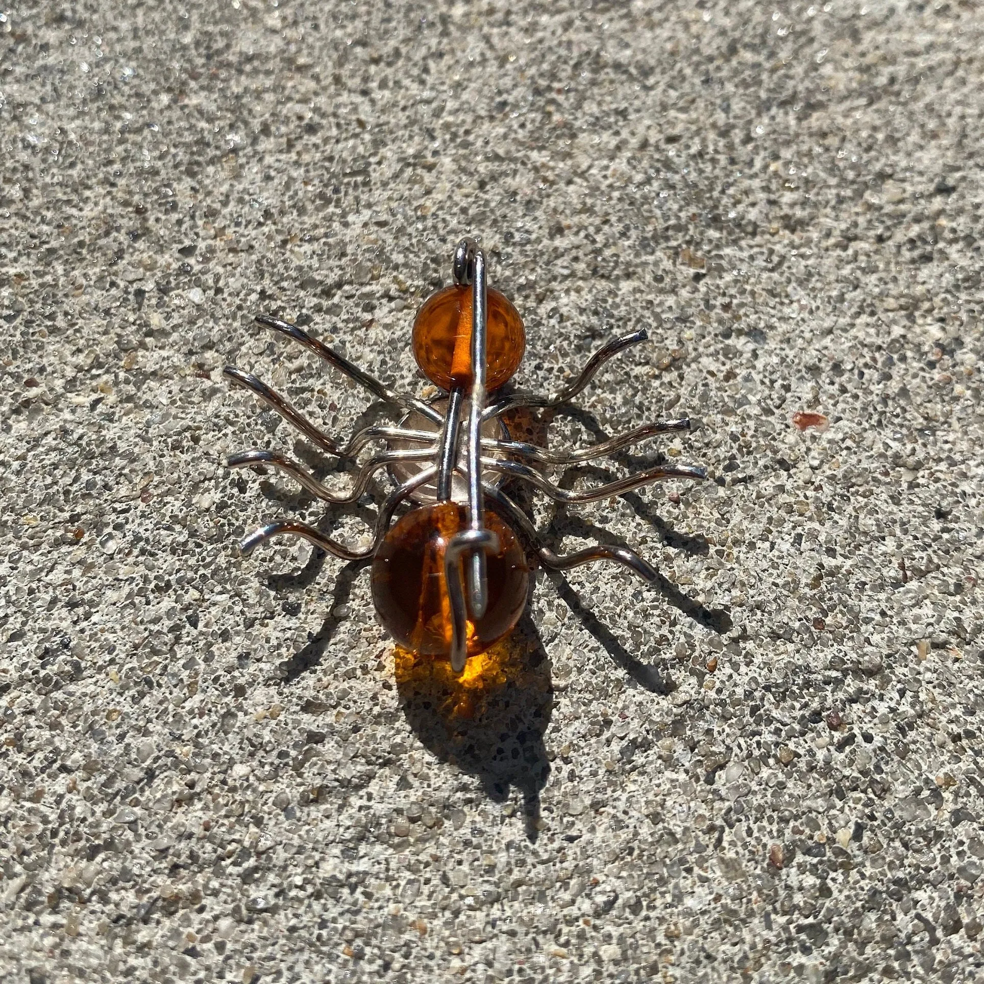 Vintage Sterling Silver Amber Insect Pin, Small Ant/Spider/Bug Brooch, Polished Amber Beads, Cute Jacket Pin, 925 Accessories, 28mm