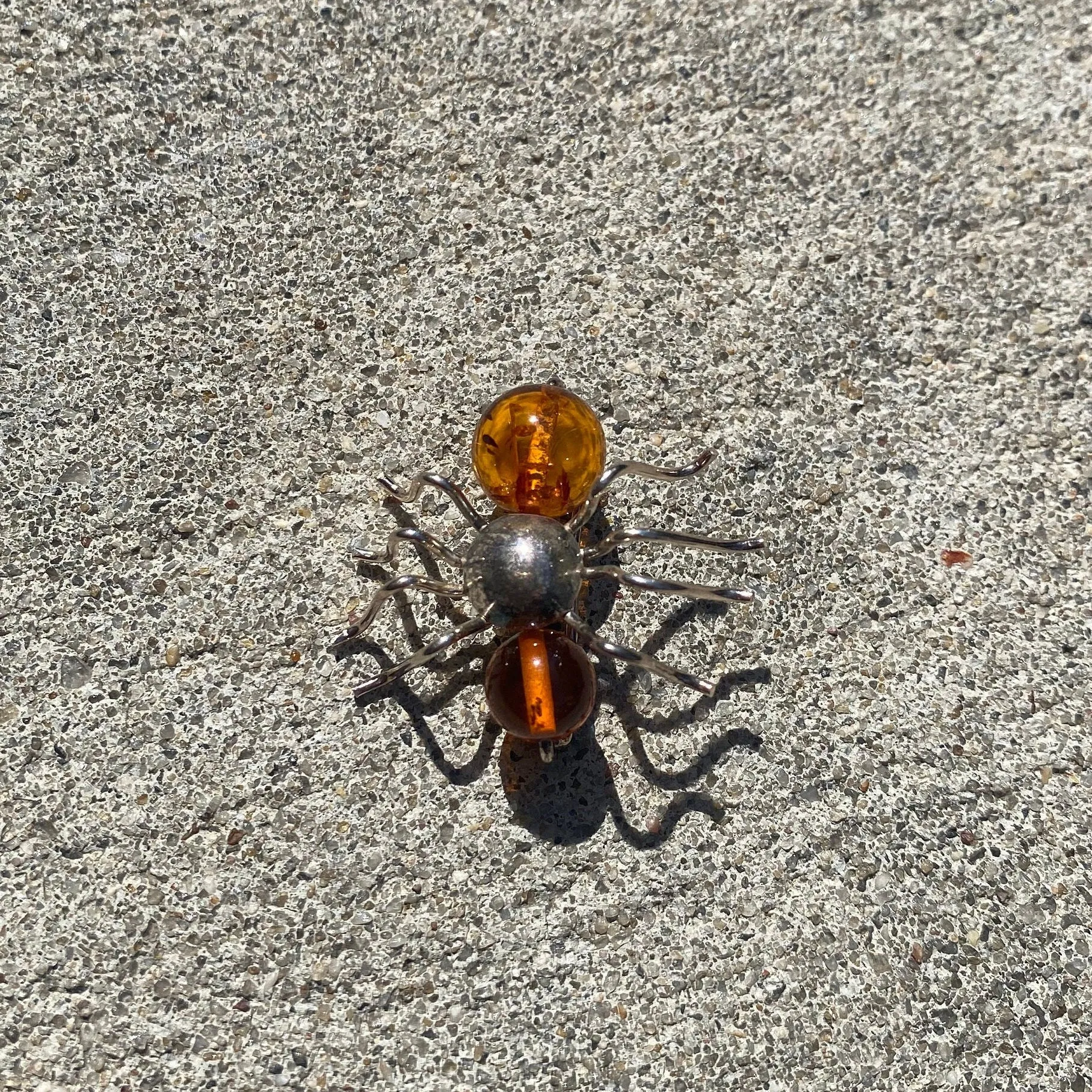 Vintage Sterling Silver Amber Insect Pin, Small Ant/Spider/Bug Brooch, Polished Amber Beads, Cute Jacket Pin, 925 Accessories, 28mm