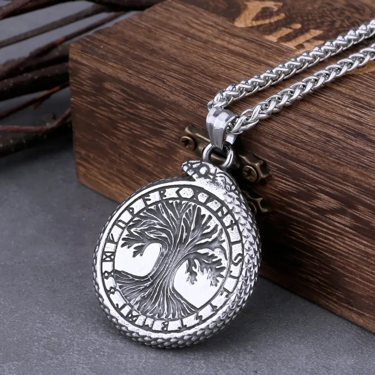 Vintage Tree of Life Ouroboros Dragon Viking Necklace