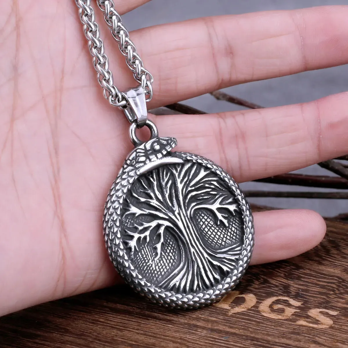 Vintage Tree of Life Ouroboros Dragon Viking Necklace