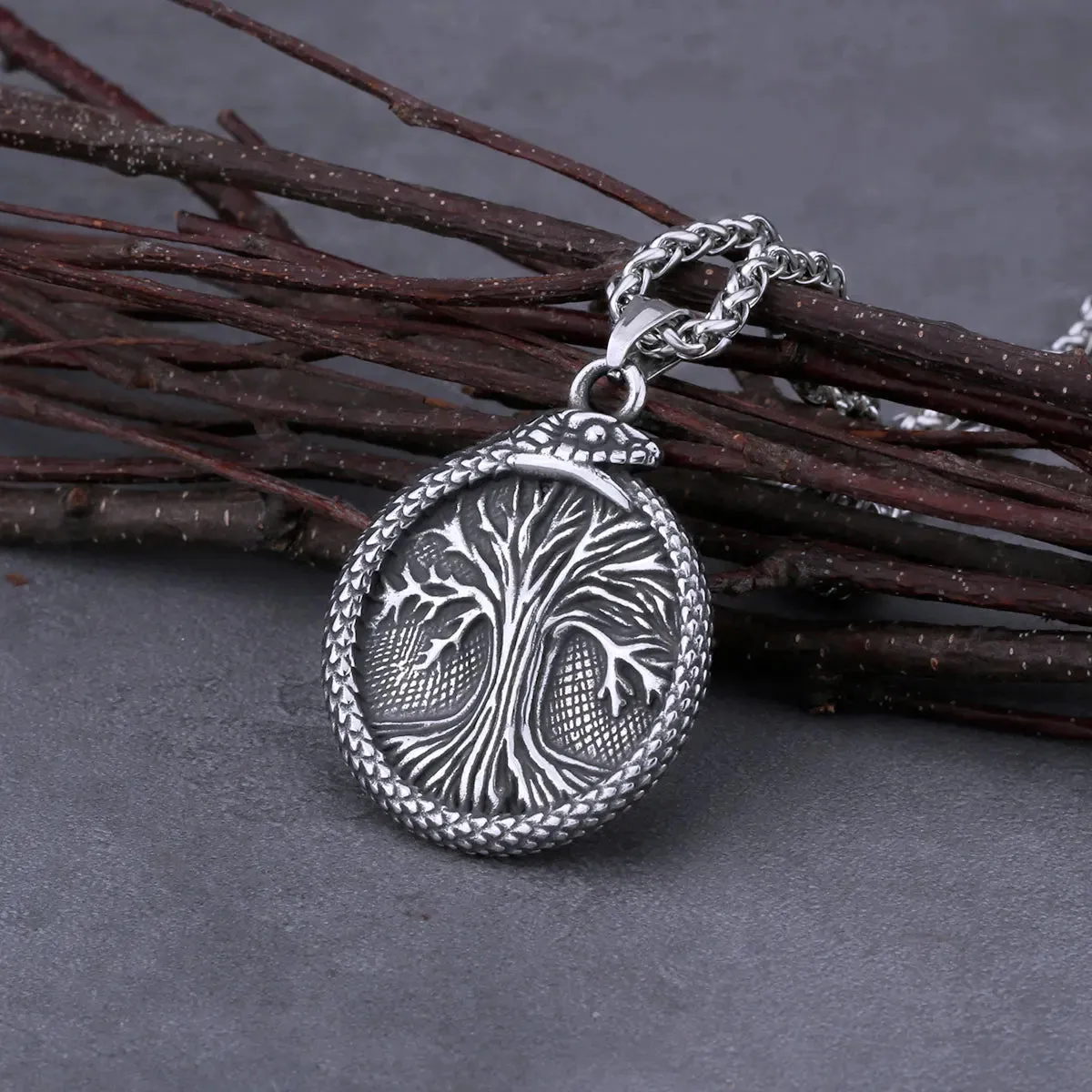 Vintage Tree of Life Ouroboros Dragon Viking Necklace