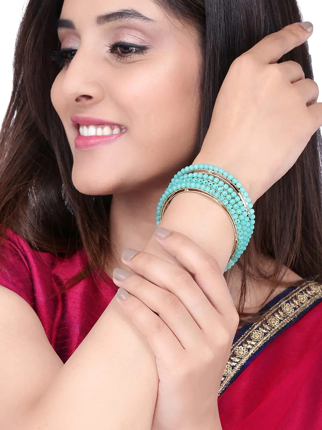 Yellow Chimes Classic Design Handcrafted Beads Studded Gold Plated 4 Pcs Green Beaded Bangles Set For Women & Girls (2.8)