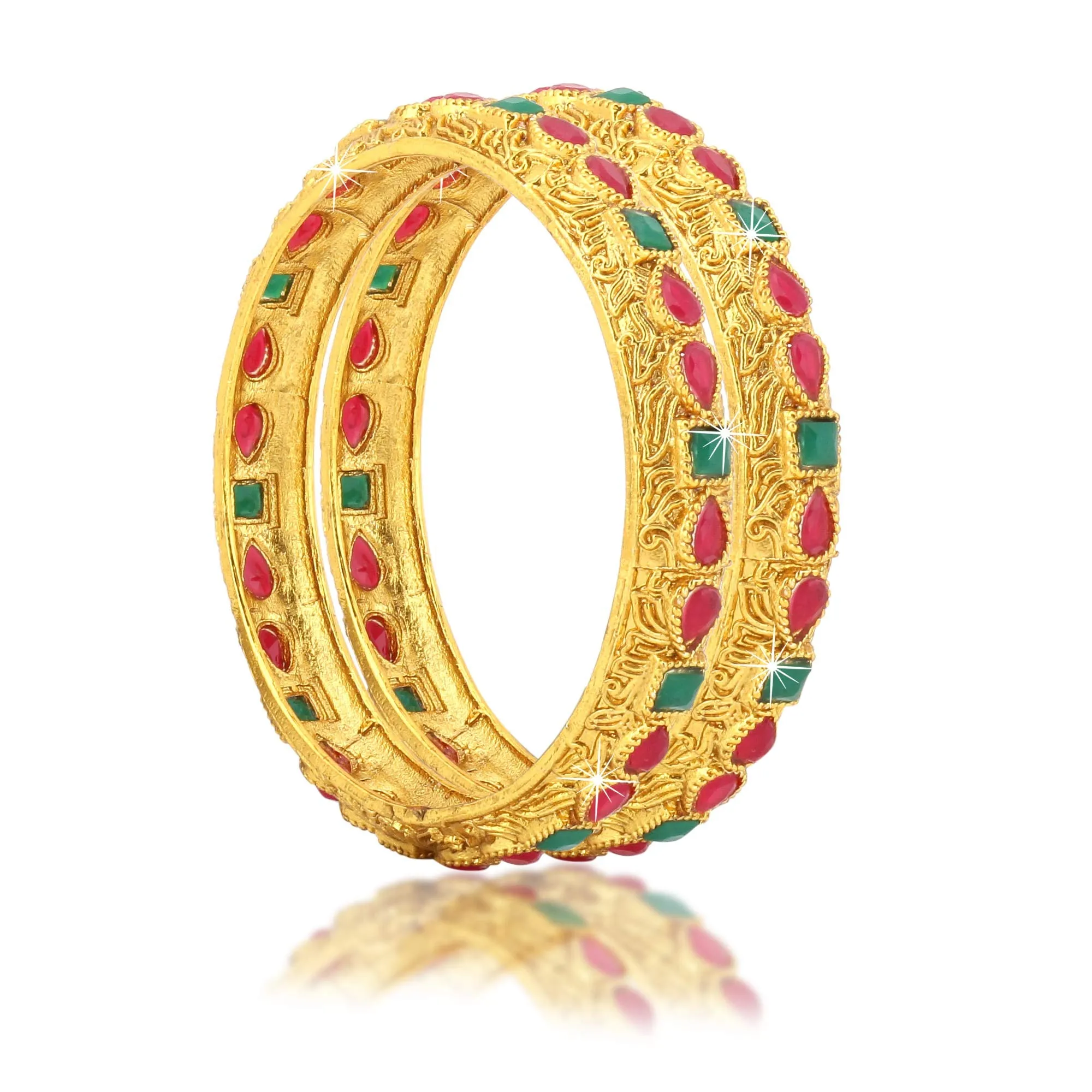 Yellow Chimes Classic Design Studded Stones 2 PCs Traditional Gold Plated Bracelet Bangles Set for Women and Girls (2.6)