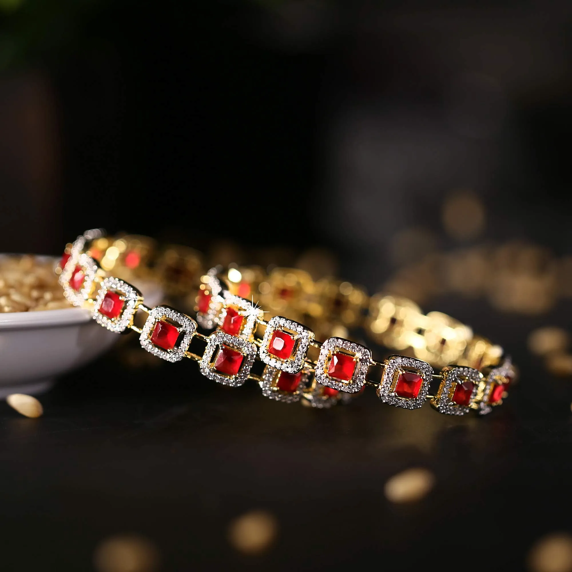 Yellow Chimes Elegant Set of 2 Pcs Pink AD/American Diamond Studded 18k Gold Plated Handcrafted Ruby Bangles for Women & Girls (2.8)