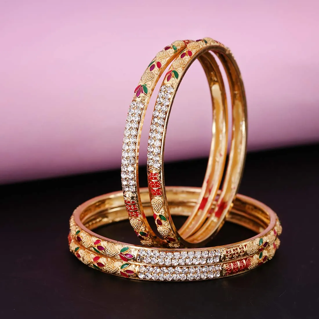 Yellow Chimes Ethnic Design Set of 4 PCs One Gram Gold Crystal Studded Handcrafted Meenakari Traditional Bangle Set for Women & Girls (2.6)