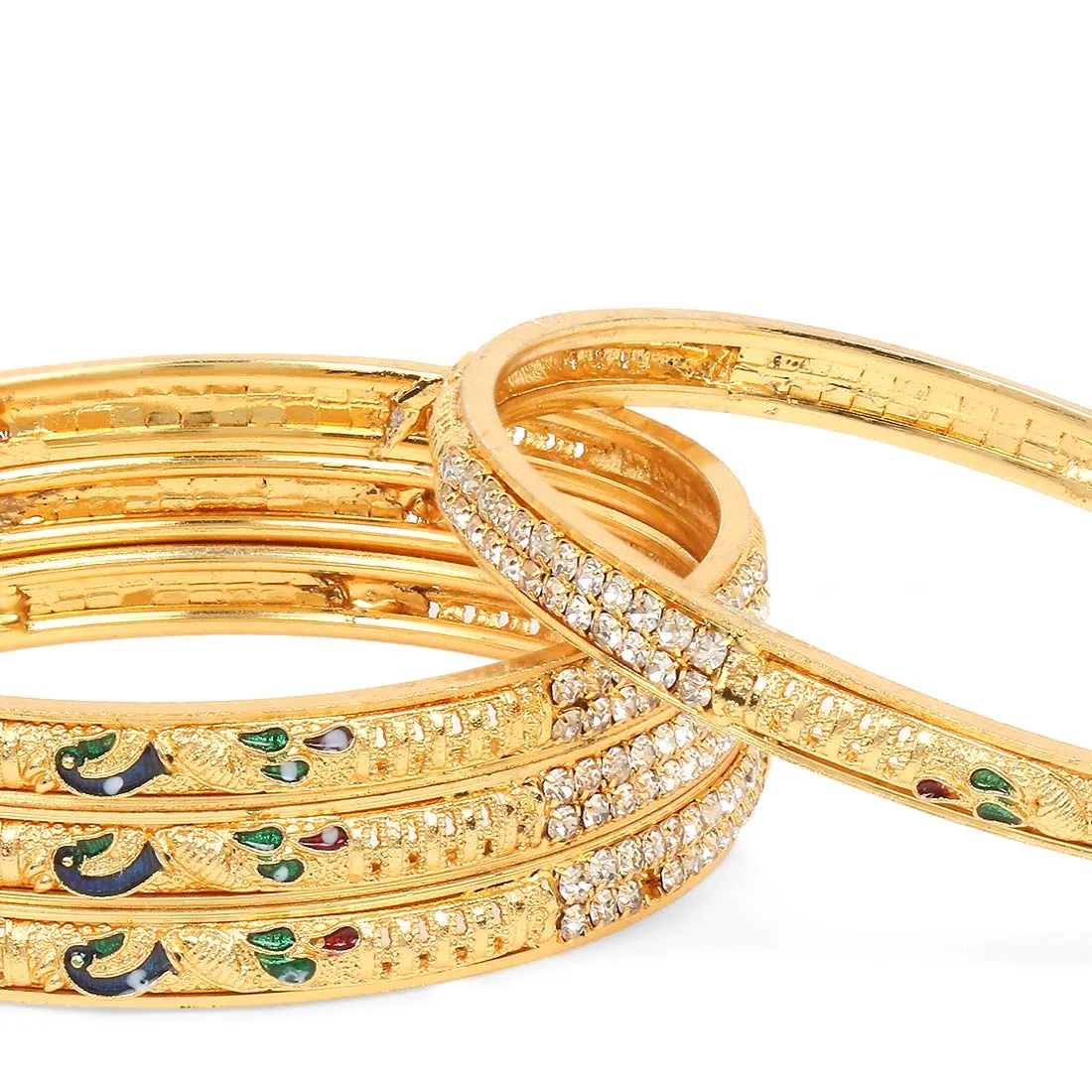 Yellow Chimes Ethnic Gold Plated Peacock Designer Crystal Studded Traditional 4 Pcs Bangles Set for Women and Girls (2.4)