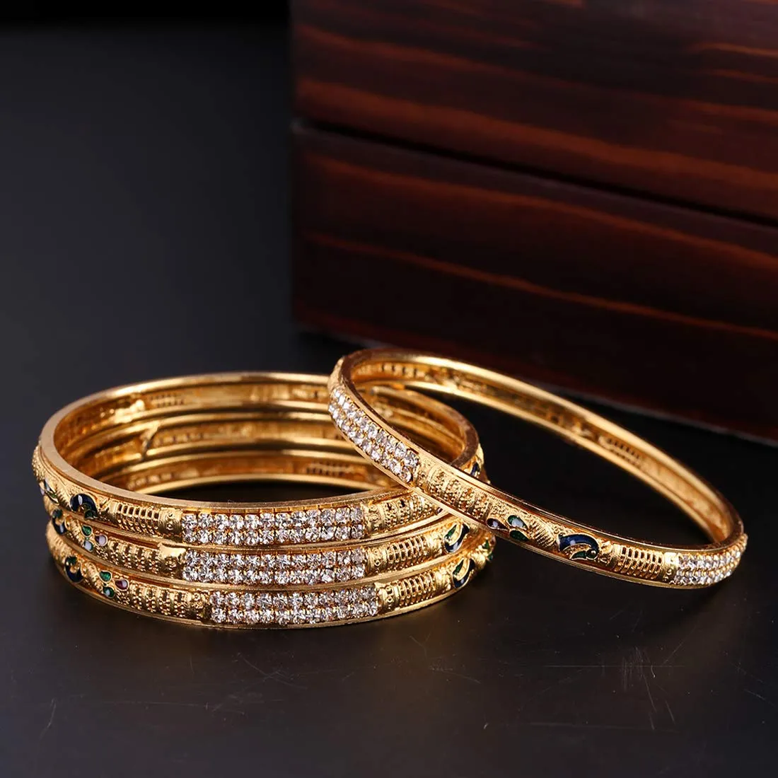 Yellow Chimes Ethnic Gold Plated Peacock Designer Crystal Studded Traditional 4 Pcs Bangles Set for Women and Girls (2.4)