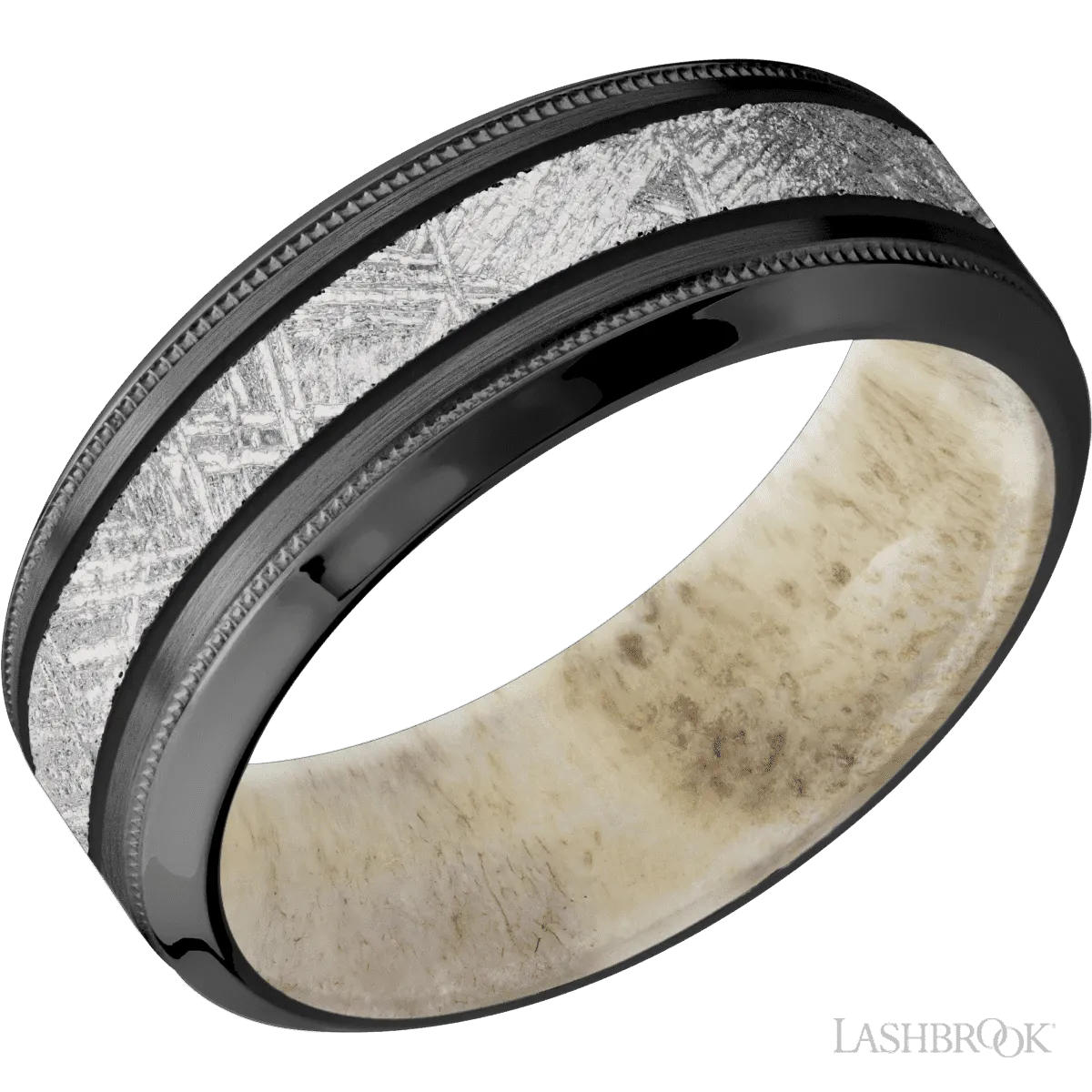Zirconium with Satin , Polish Finish and Meteorite Inlay and Antler - 8MM